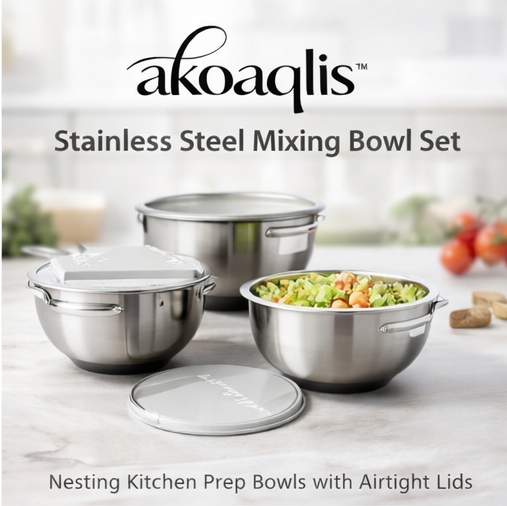 akoaqlis™ Stainless Steel Mixing Bowl Set