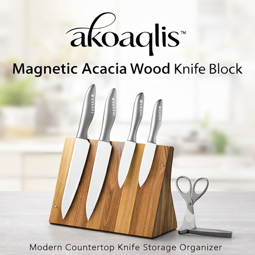 akoaqlis™ Magnetic Acacia Wood Knife Block
