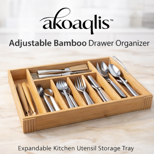 akoaqlis™ Adjustable Bamboo Drawer Organizer